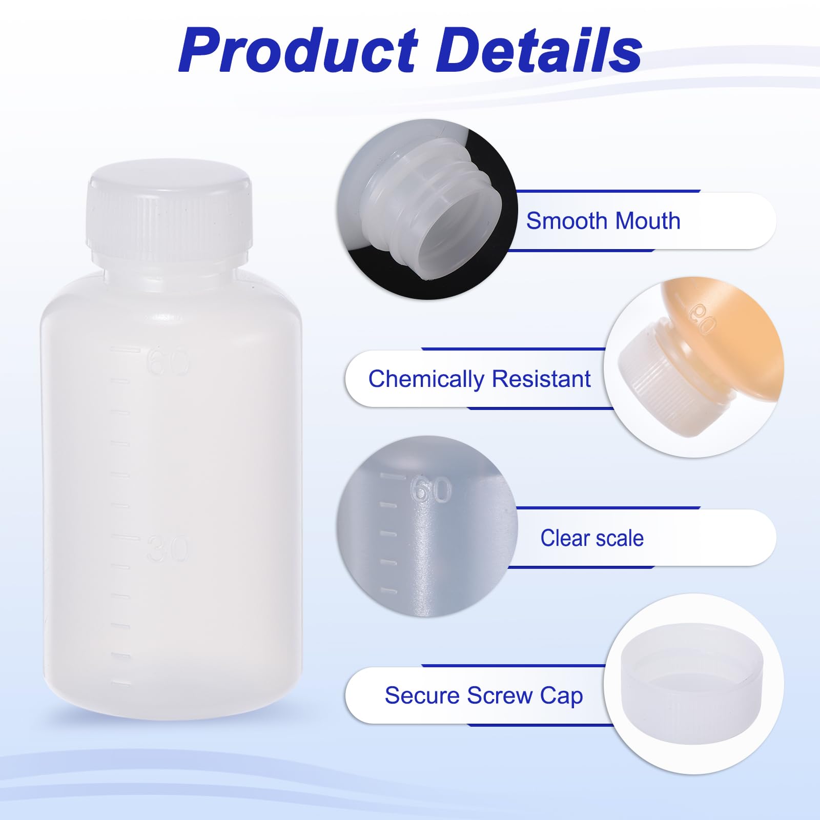 PATIKIL 50pz Boccette 60ml Reagenti, Boccette Bocca Stretta Rotondo Graduate Tappo Vite per Conservazione Acqua, Reagenti, Liquidi e Campioni Solidi Laboratorio, Bianco Traslucido