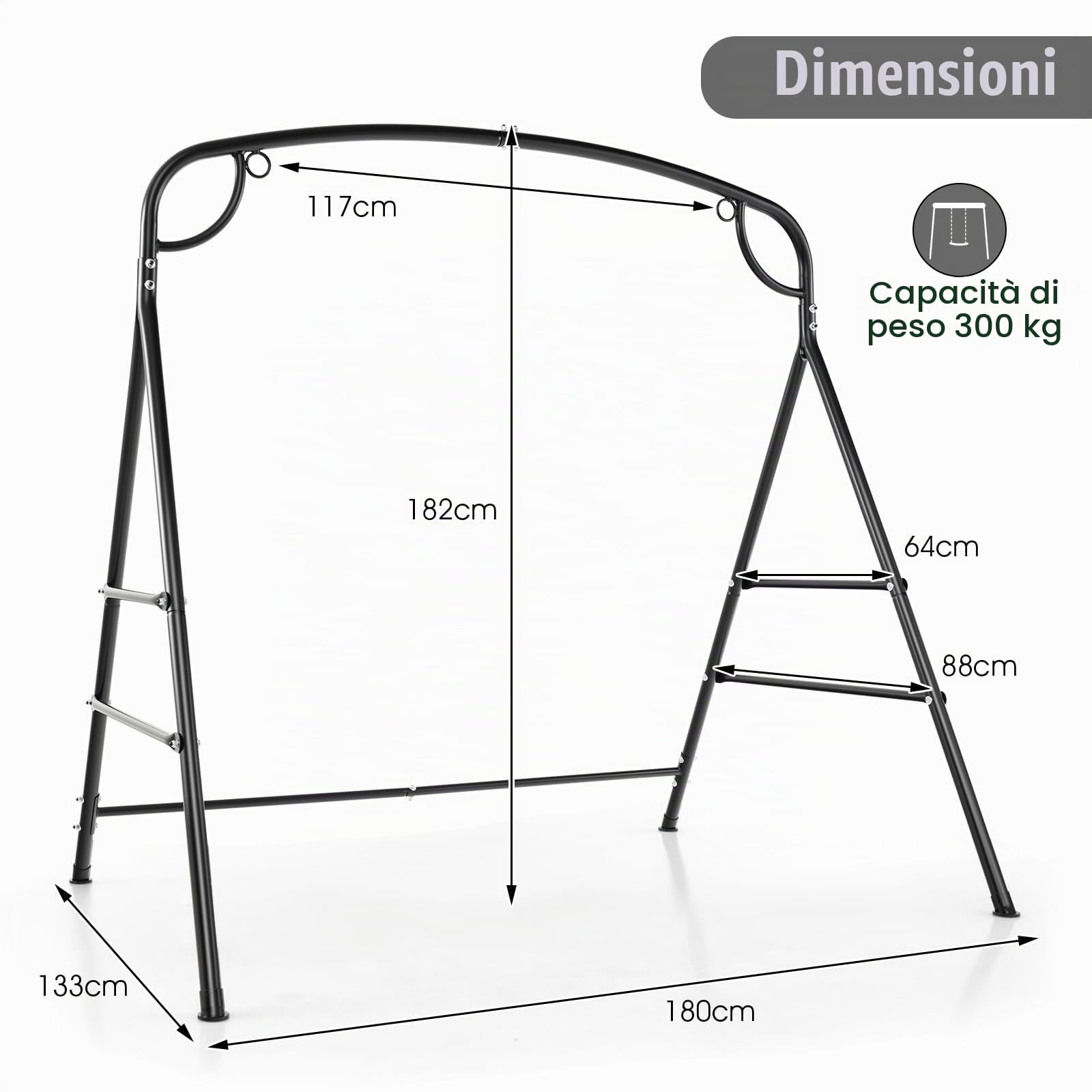 KOMFOTTEU Supporto per altalena in metallo, telaio per dondolo da giardino a forma di A, telaio per panca sospesa con carico di 300 kg, telaio con 2 anelli per balcone, veranda, 180 x 133 x 182 cm
