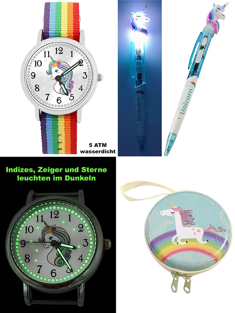 großes 6tlg Geschenk Set Einhorn Armbanduhr Mädchen wasserdicht Geldbörse Kugelschreiber Motivdose 2 Armbänder