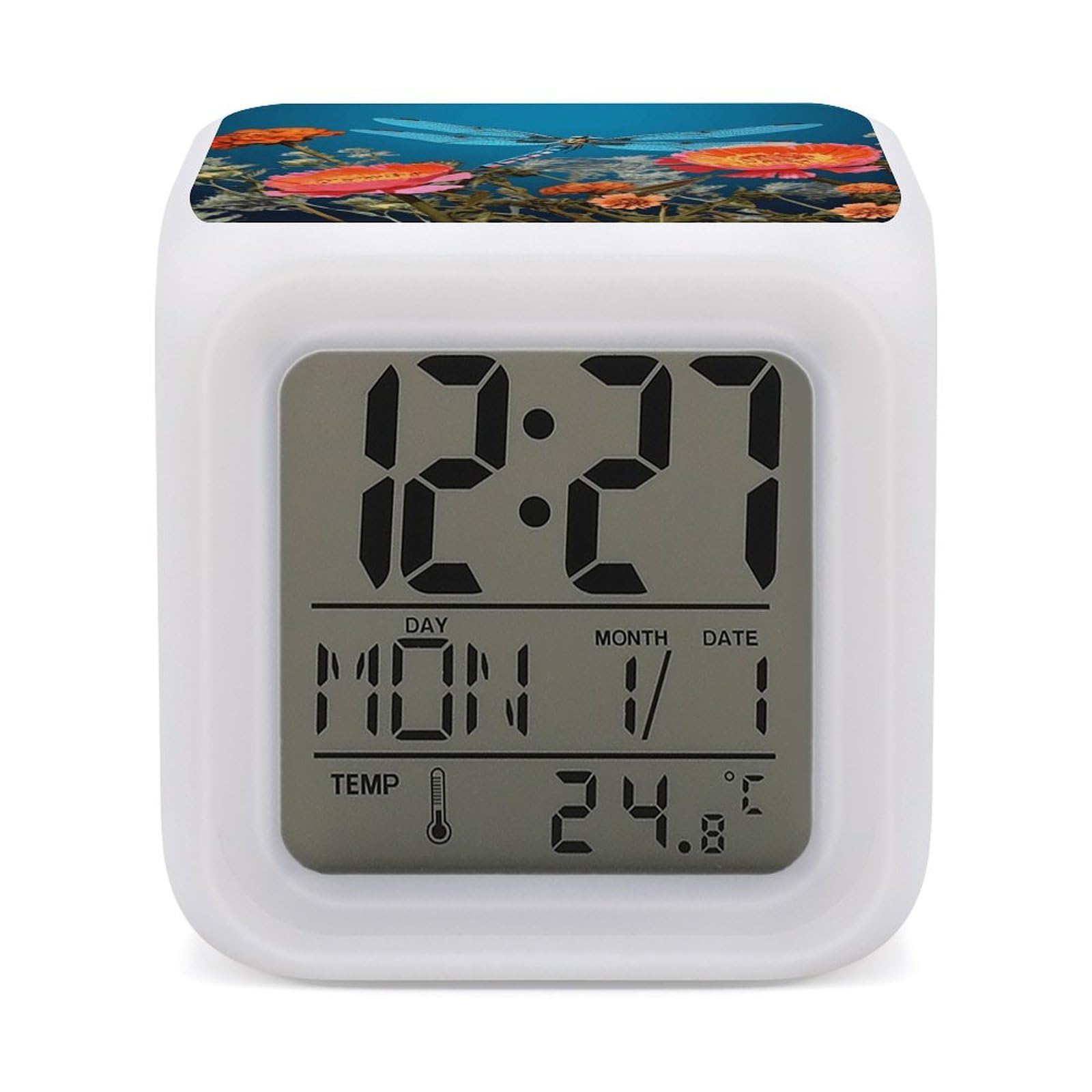 JTREHY Dragonfly and Flower Alarm Clock Seven Color Night Light Digital Clock Precision Reliable Alarms Clocks for Bedroom Heavy Sleepers Adults Gift for Men and Women