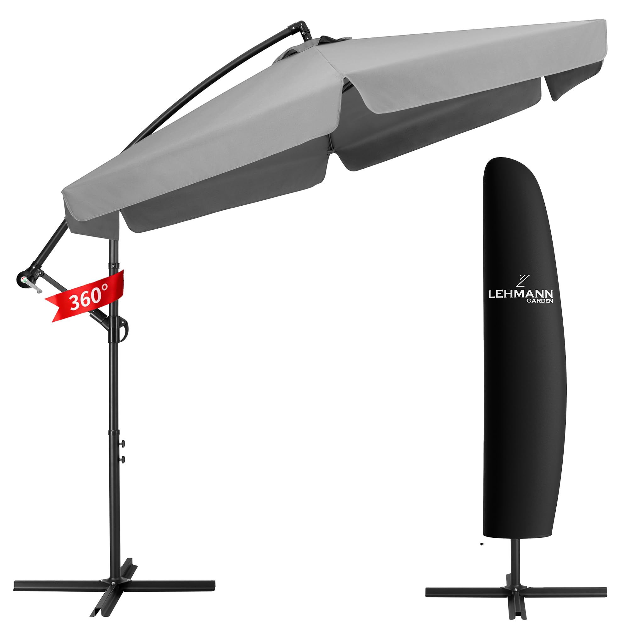 LEHMANN Alu Sonnenschirm Ø 300 cm, Ampelschirm mit Ständer & Kurbel, Gartenschirm Wasserdicht & UV-Schutz, Sonnenschutz für Terrasse und Garten, 360° drehbar, inkl. Schutzhülle