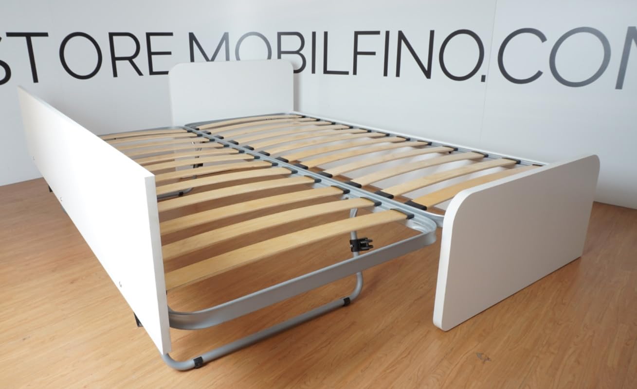 Letto Singolo con Letto Estraibile, trasformabile in Matrimoniale. Testate Personalizzabili, reti in Acciaio e doghe in faggio - Testate Alte, Bianco