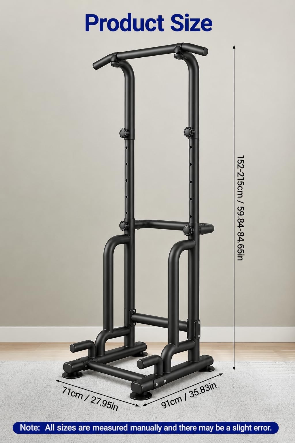 Barra de dominadas independiente de hasta 215 cm, estación de fondos Power Tower de hasta 150 kg, ajustable en 9 direcciones, estación de fuerza compacta con barras para fondos, barra para fondos