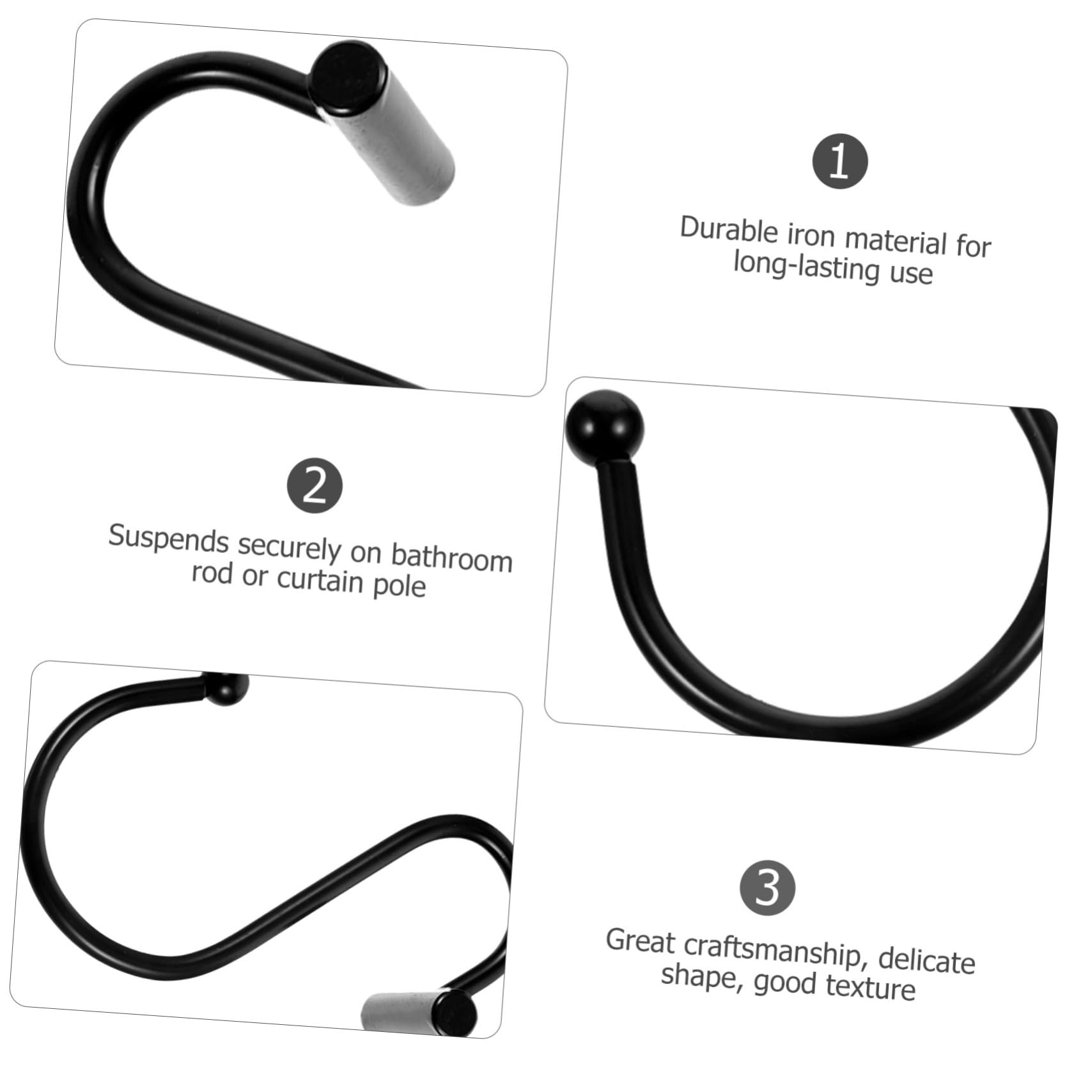 WOONEKY Embrasses de Rideaux en Fer Noir, Crochets de Fixation pour Rideaux en S, Lot de 24, pour Salle de Bain, Fixation Sûre et Solide
