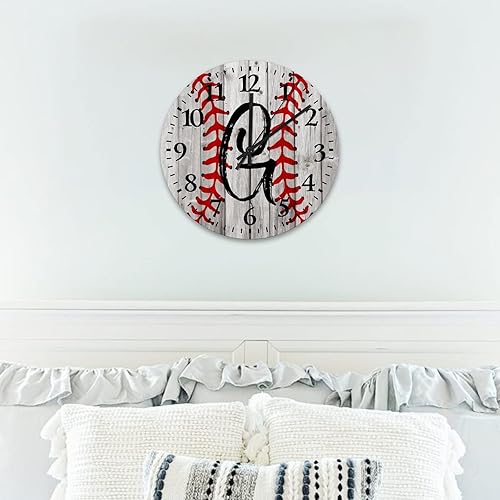 Miniatura 8 de Reloj de madera con iniciales de béisbol decoración de oficina personalizada para hombres movimiento de cuarzo números arábigos costura de encaje