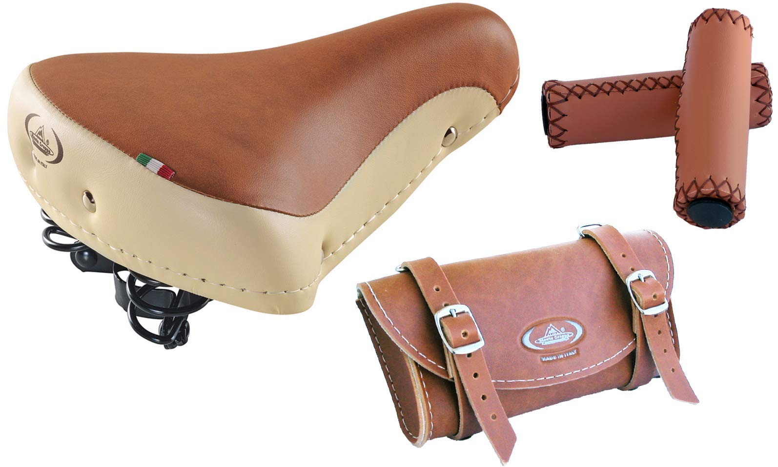 Selle Vintage Vélo Style Brooks + Sacoche Sous Selle + Poignées Simili Cuir – Kit Classique Noir, Fabrication Italienne Montegrappa