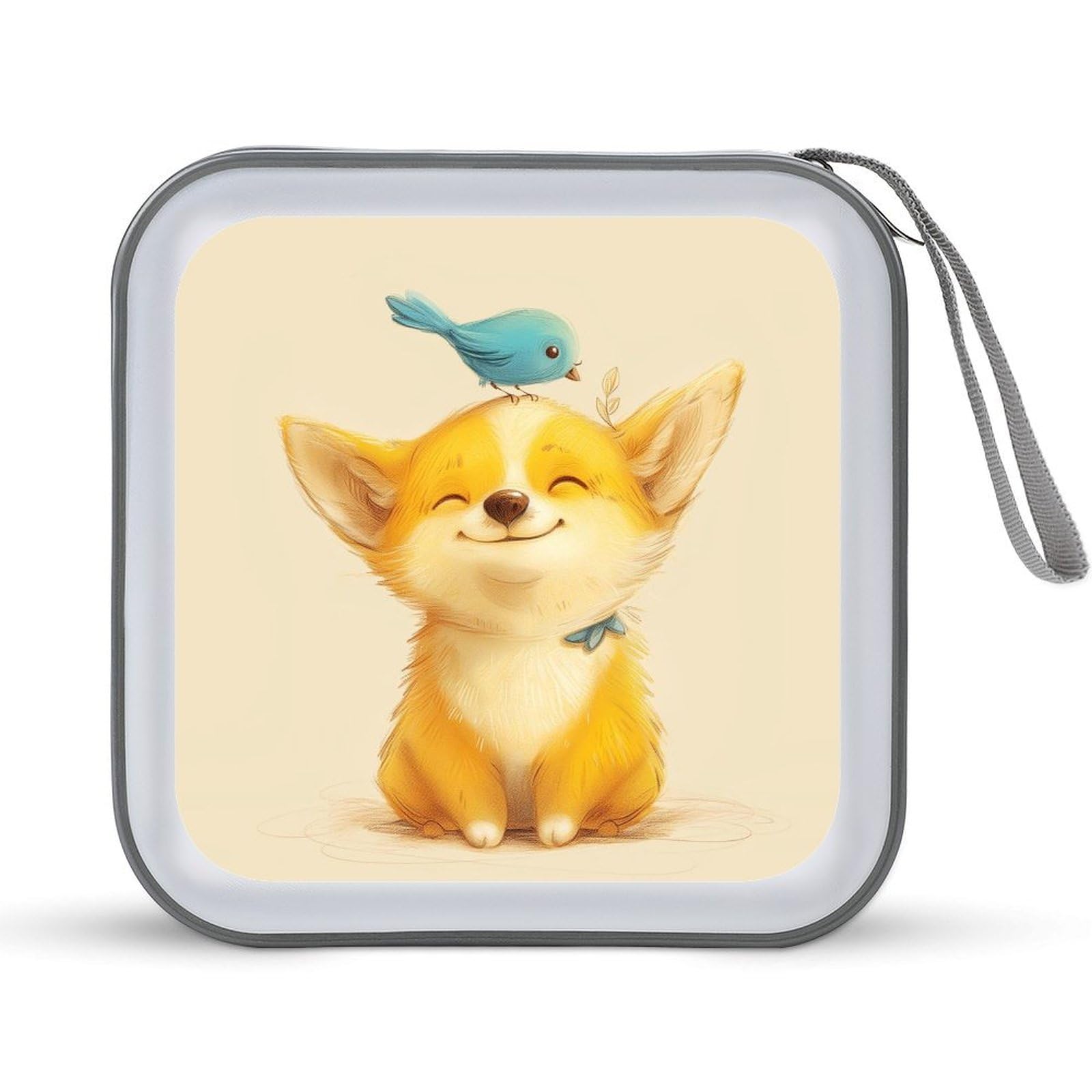 DuduYH A Cute Yellow Corgi with A Blue Bird on Its Head CD Case DVD Storage Case Minimalistic Drawing Portable CD Case Holder Storage CD Wallet Holder Organizer for Car Home Travel