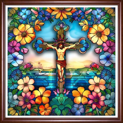 Image of Findvoor Stamped Cross Stitch Kits for Beginner Embroidery Kits for Beginners Adults DIY 11CT Cross Stitch Patterns Needlepoint Kits Crossstitching Kits-Jesus Cross Flowers 18x18 inch