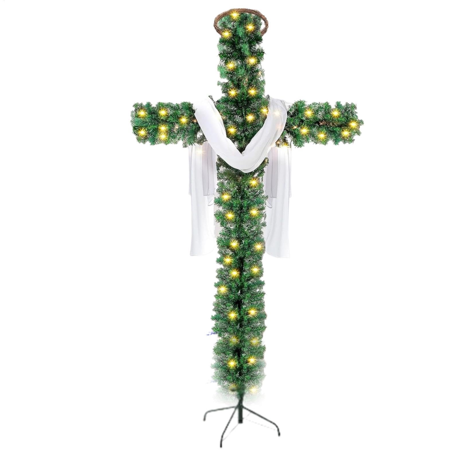 Árbol de Navidad Cruz Plegable - Árbol de Navidad Cruz Con Iluminación, 5 Pies De Pino Artificial Preiluminado, Árboles De Navidad Brillantes Con Bufanda De Seda