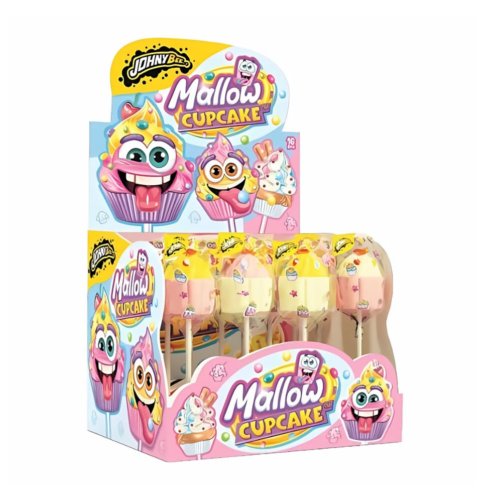 JohnyBee Mallow Cup Cake Morbidi Marshmallow Gusto Tutti Frutti Espositore da 16 Spiedini - 560g