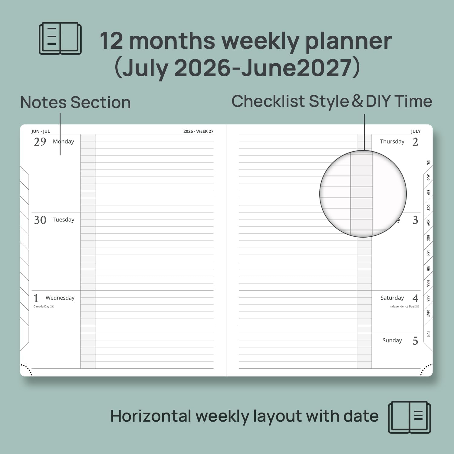 POPRUN Agenda 2026-2027 (grande 21,6 x 26,7 cm), agenda settimanale orizzontale da luglio 2026 a giugno 2027, quaderno accademico con linguette mensili, copertina rigida in pelle, tasca interna