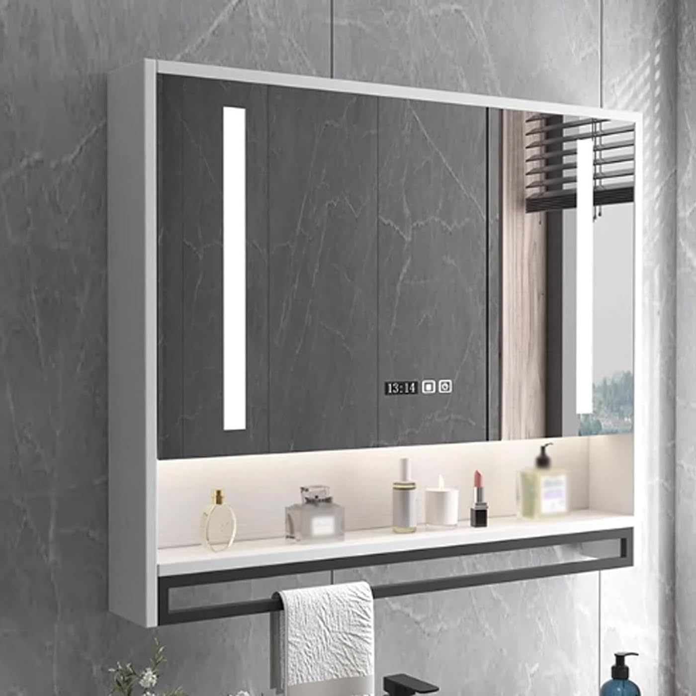BKSXSOP Medicine cabinet with HD mirror, bathroom mirror anti-fog, modern smart medicine LED light, storage clock and temperature display, towel bar