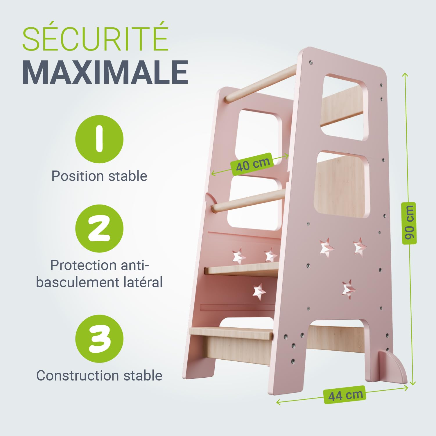 Juskys Tour d'apprentissage Henny - pour Enfants à partir d'un an, Marche-Pied, réglable en Hauteur sur 3 Positions, Protection Anti-Bascule, Aide à la Cuisine - Rose