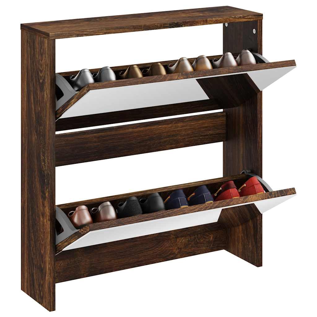 Mangloder - Zapatero con espejo, roble ahumado, 2 compartimentos basculantes, 63 x 17 x 67 cm, espacio para 6-8 pares de zapatos, ahorra espacio, para pasillo, pasillo, dormitorio, orden y