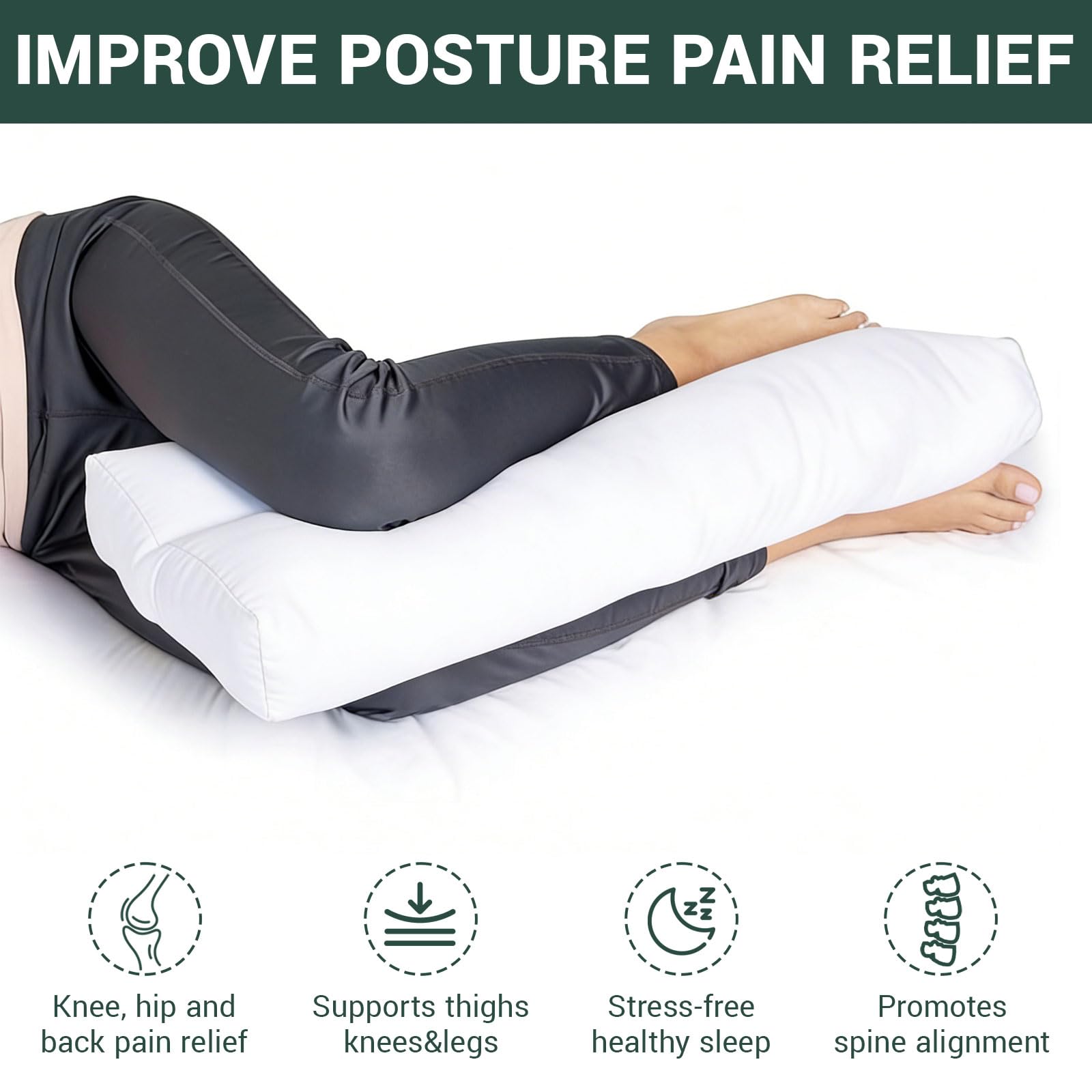 Almohada de rodilla para dormir de lado, almohada ergonómica para piernas sin correas de algodón, almohada extra larga para dormir de lado para aliviar la tensión de las caderas y las piernas