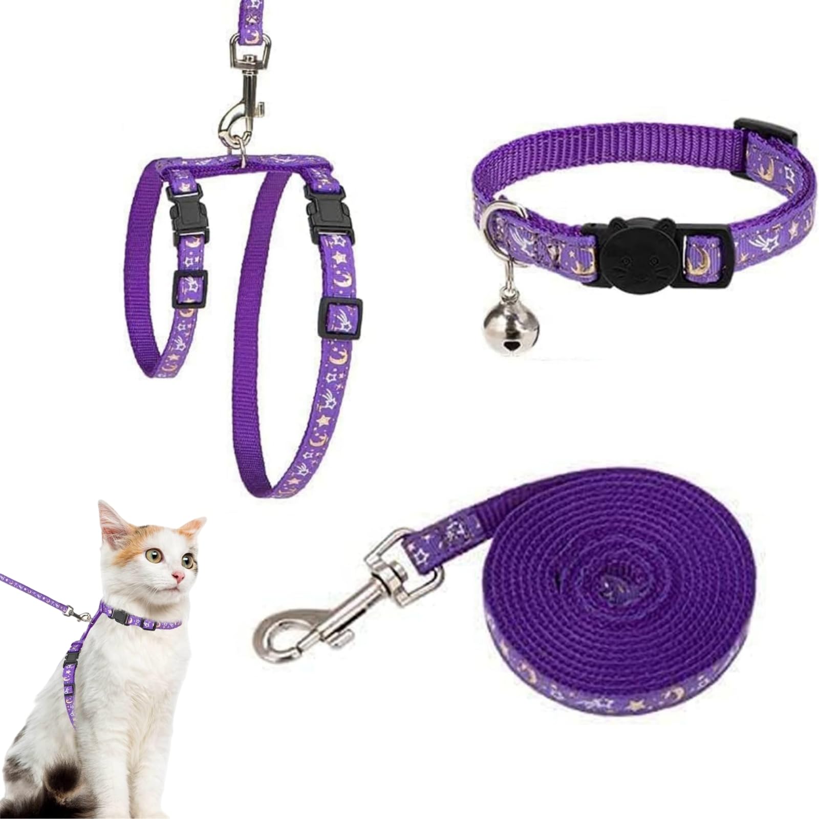 One Set Adjustable Long Soft Nylon Harness Glow In Dark Reflective Dog Leash Breathable Cat Harness Escape Proof for Pets Outdoor Walking