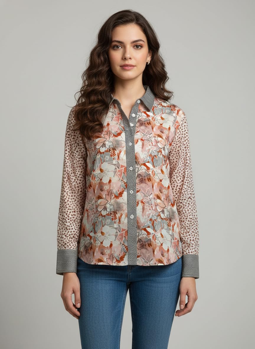ANNI Designer Bedrucktes Damenhemd aus Baumwollmischgewebe, langärmelig, normale Passform, Kragen, legere Bürokleidung, elegante Western-Kleidung für den Alltag, Hochzeit, Party
