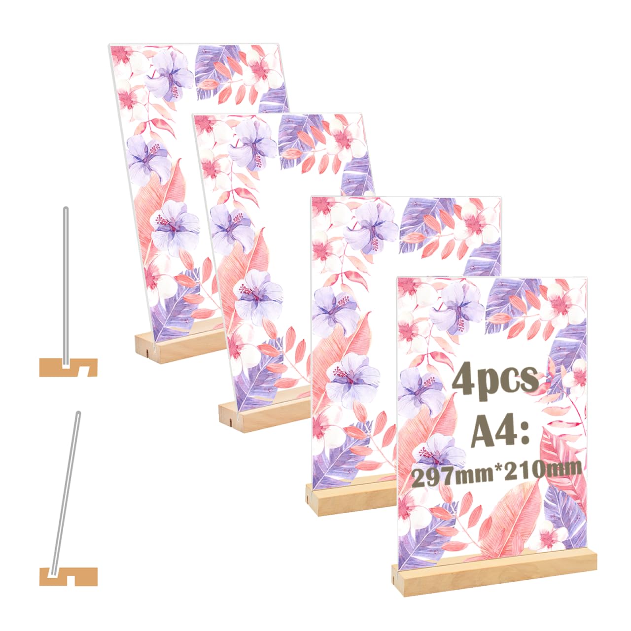 4 Pièces Présentoirs de Table A4, Forme L/T Support Affiche A4 Plaque Acrylique, Double Face A4 Porte Menu avec Pied en Bois, Support Feuille pour Exposition Café Bureau-297 x 210 mm