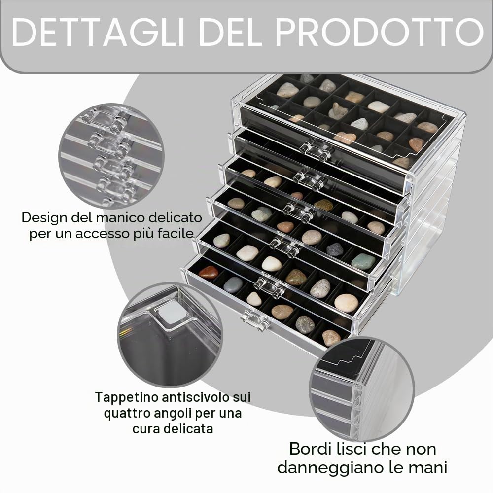 Vetrina per Pietre e Cristalli, Vetrina Roccia in Acrilico Scatola per Collezione di Rocce con Vassoi in Velluto con 6 Cassetti e 108 Scomparti per Fossili, Minerali e Cristalli