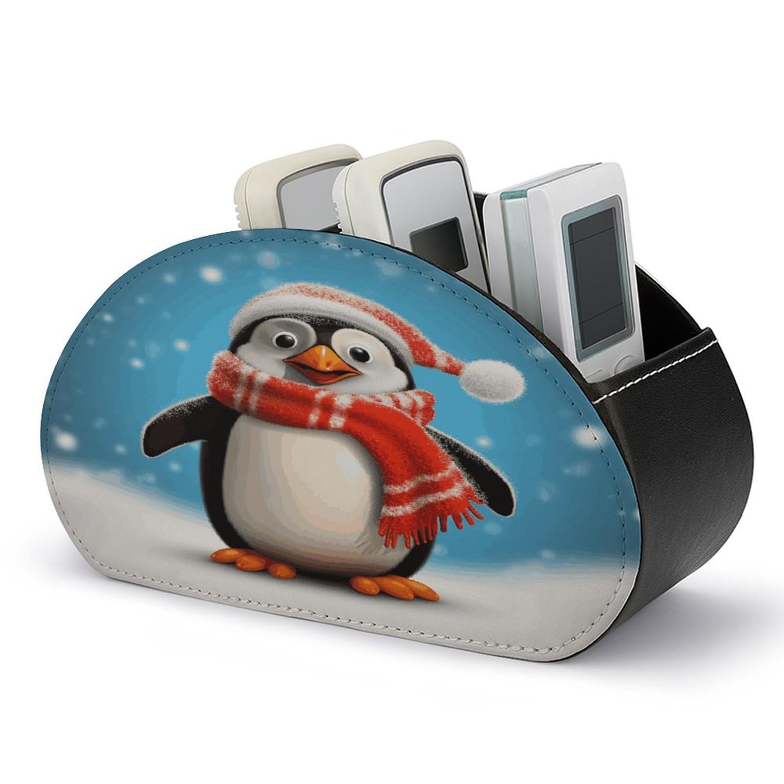JTREHY Christmas Funny Penguin Remote Control Holder 5 Compartments Remote Caddy Tray PU Leather TV Remoter Storage Box Bedside Table Storage Organizer Office Desk Storage Case
