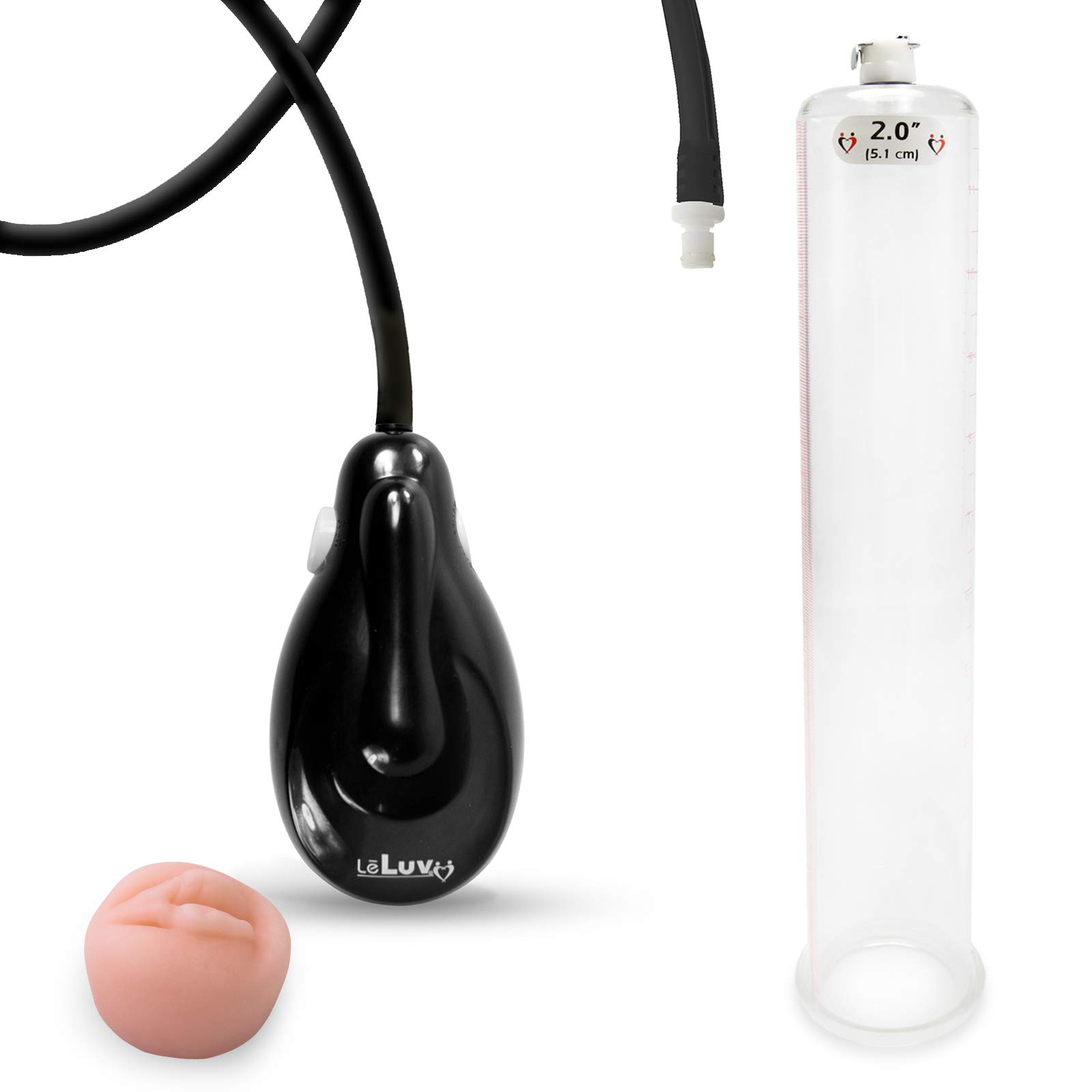 Bomba de vacío eléctrica de mano para pene LeLuv eGrip negra con manguera de silicona no plegable y sello de silicona suave tipo dona de 30 cm de largo x 50 cm de diámetro, cilindro sin cono.