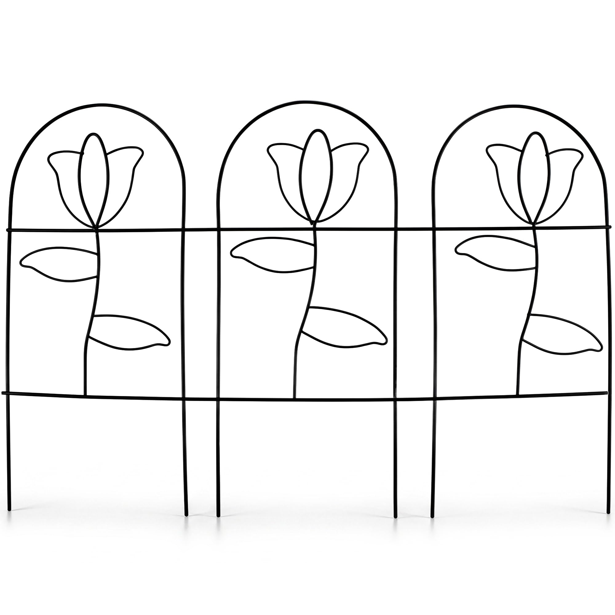 Lizzy Decorative Metal Garden Fence Panels Tulip Design Lawn Edging Black Powder Coated Steel Border Fence for Path Patio Flower Bed Garden Edging Outdoor Durable Rust Resistant Fence Set (Pack of 12)