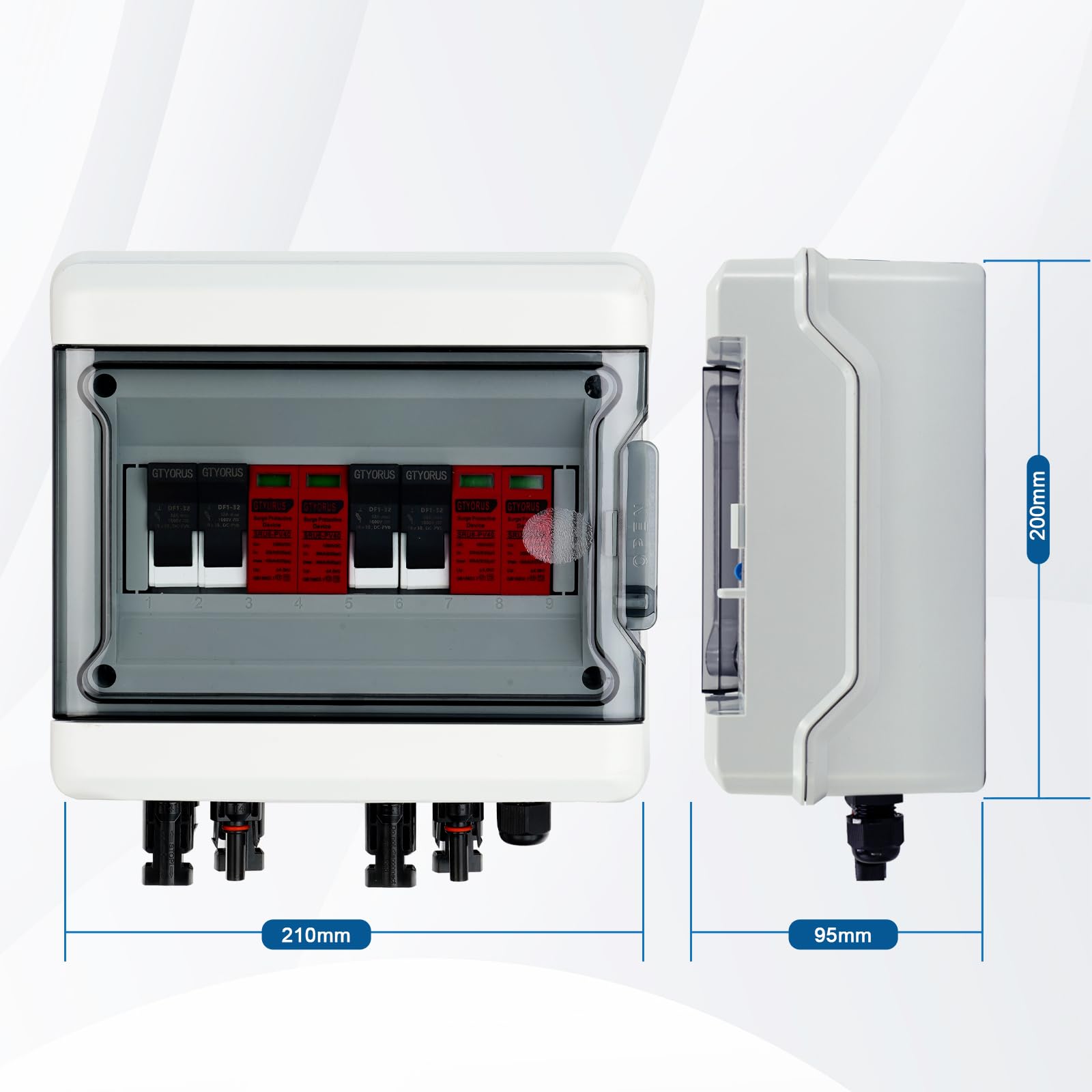 Scatola di Giunzione Solare Fotovoltaica, IP65 Scatola di Fusibili 2P DC 1000V 32A con Protezione Dalle Sovratensioni, 2 Stringhe di 9 Moduli (2 in 2 uscita)