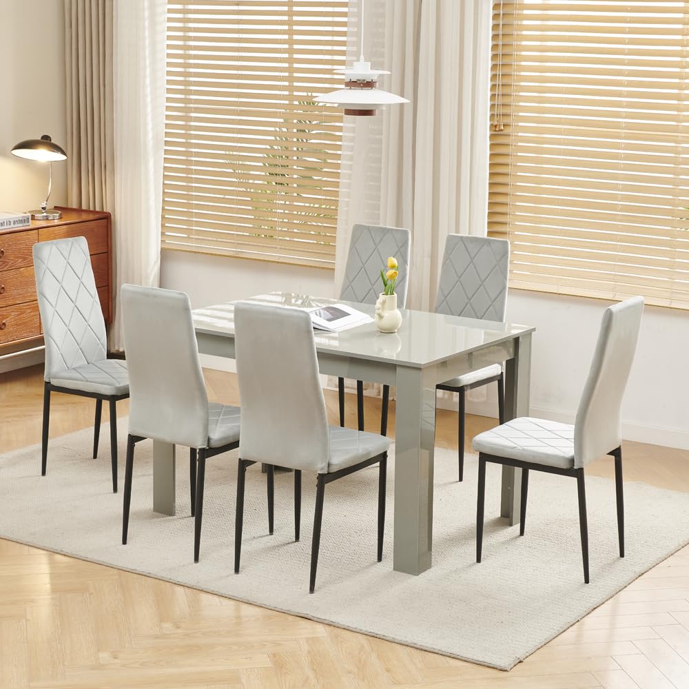 Homullel 7 Piece Dining Room Table and Chairs Set for Dining Room Kitchen, Modern Wooden Dining Table with 6 Grey Velvet Chairs for Family Dinner Space Saving Dinner Set