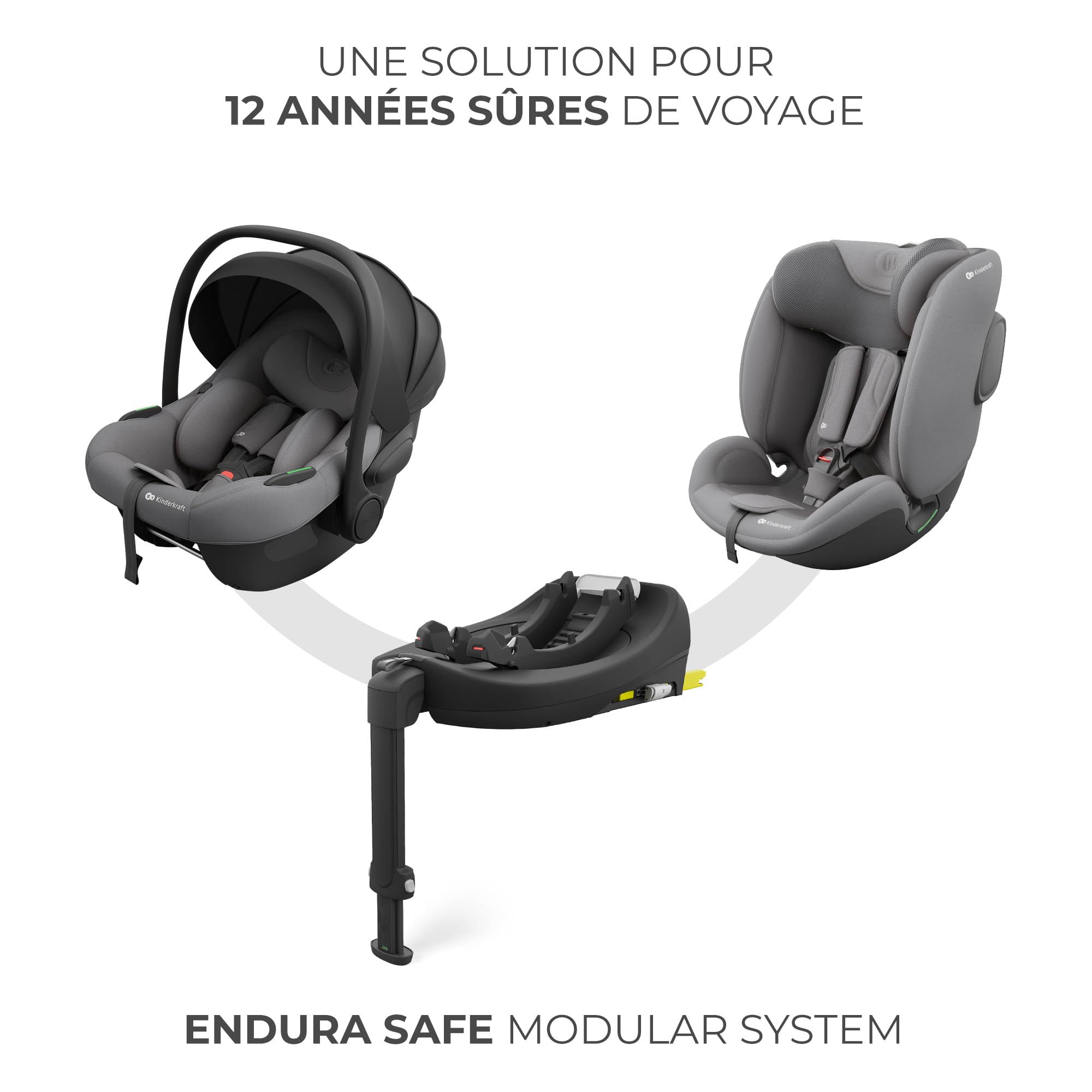 Kinderkraft Système Modulaire ENDURA SAFE 3-en-1 | Siège Auto I-LITE + I-FIX, Base ISOFIX Rotative, Installation Facile, Sécurité R129/3, Confort Optimal, 0-12 ans, Gris