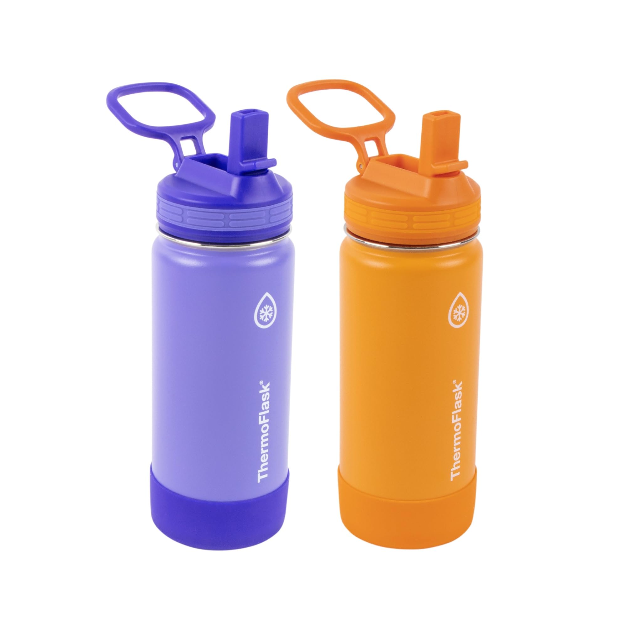 ThermoFlask Kids Bottle with Straw Lid - Durable & Dishwasher-Safe Water Bottles & Lids - Leak-Proof Bottle Lid Design - Reusable Water Bottles for Everyday Use - 16 oz, Purple/Orange (2 Pack)