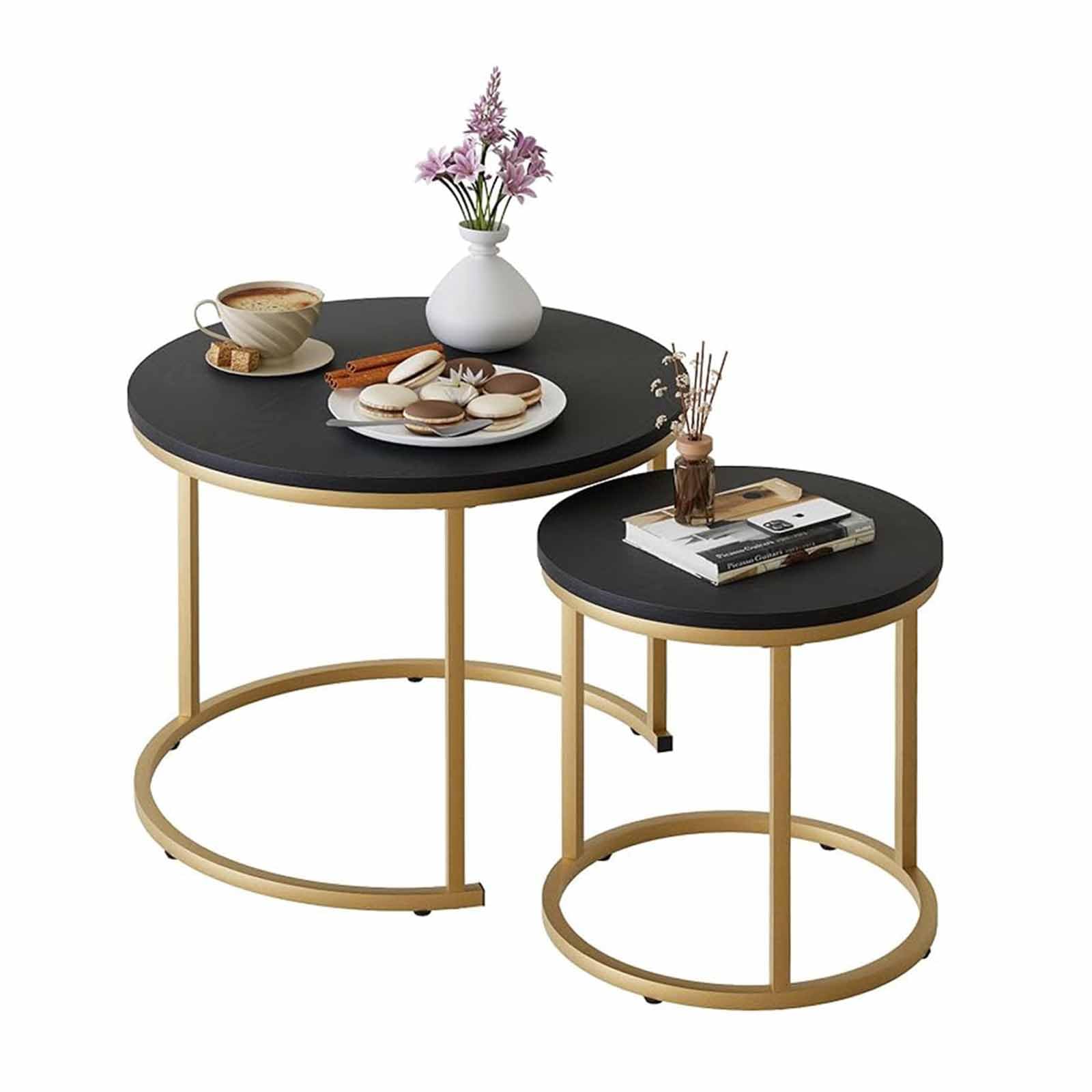 SXZenSpace Coffee Table Nesting Set of 2 Round End Accent Side Stacking Tables Black Wood with Sturdy Metal Frame, Modern Living Room Sets Industrial Nightstand