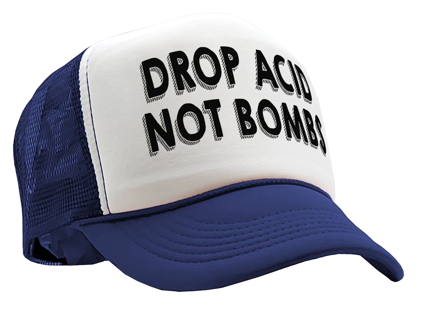 Drop Acid NOT Bombs - Funny Drugs Anti war - Vintage Retro Style Trucker Cap Hat (Navy)