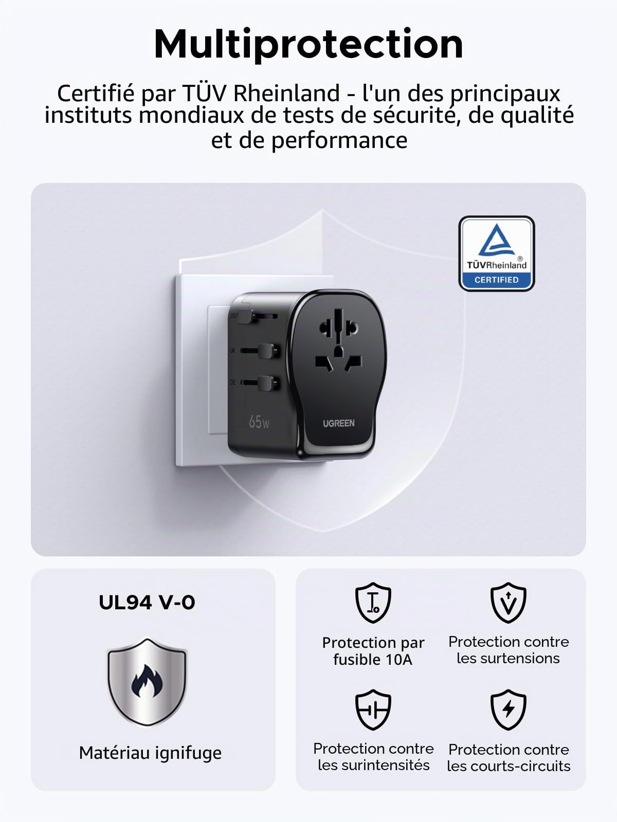 UGREEN 65W Adaptateur Prise Universelle Voyage avec 2 USB C 1 USB A 1 Prise