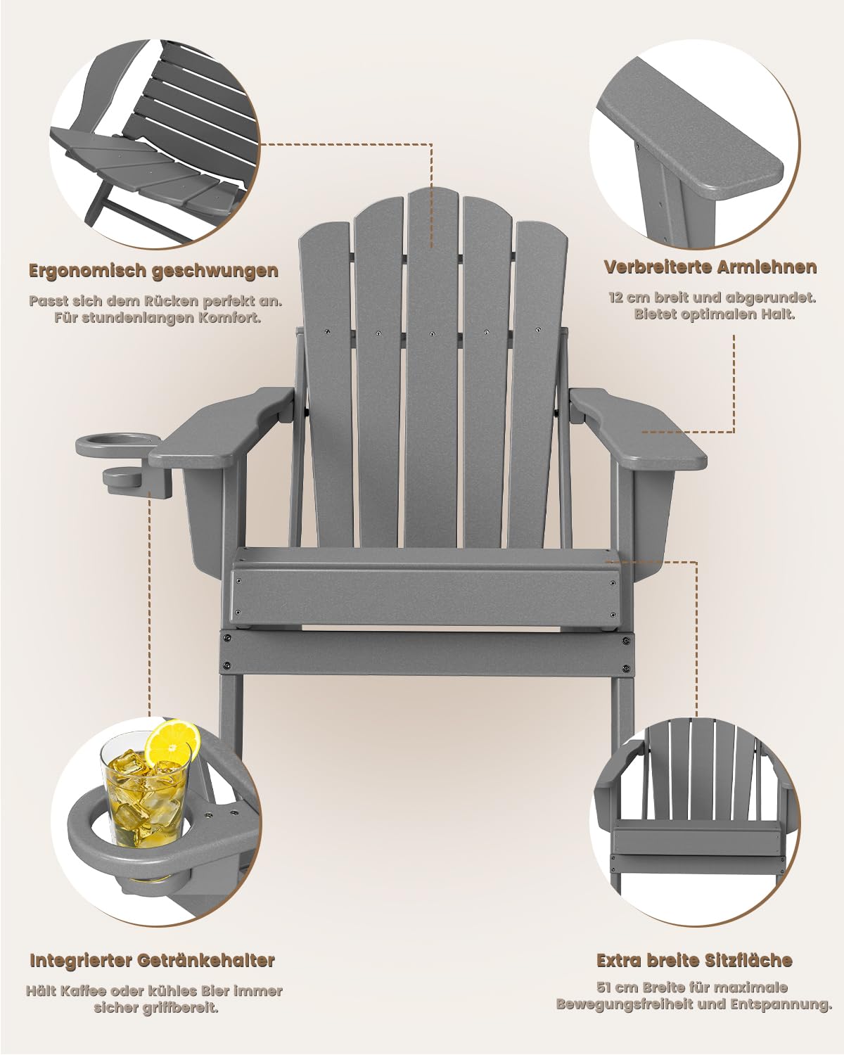 Klappbarer Adirondack Chair mit Breiten Armlehnen, Terrassenstuhl aus HDPE, Wetterfester Balkonstuhl & Relaxstuhl, Grau Matt
