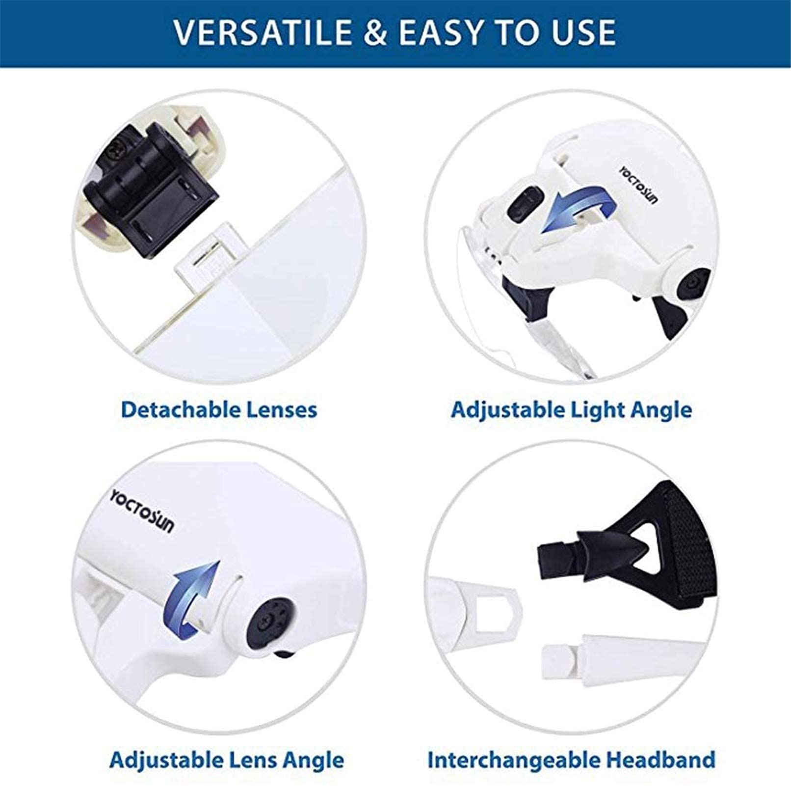 EUQKKWLOY Lupa de Diadema con Lentes Intercambiables, Lupa Digital de Mano, Lupa de Diadema con 2 Luces LED - Lupa de Lectura Manos Libres con Soporte para la Cabeza y 5 Lentes reemplazables