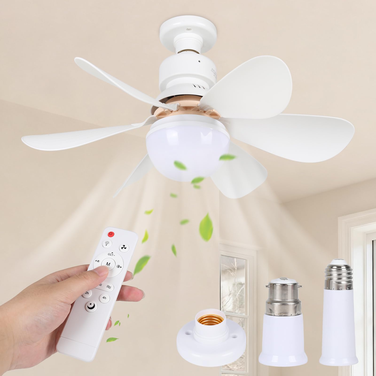 Ceiling Fan Light, E27/B22 Fan Lights with Remote Control, 30W Dimmable 3-Color 3-Speed, 2H/4H Timer, 42cm Ceiling Fan with Light for Bedroom Kitchen Bathroom (E27 Extension Rods Base Included)