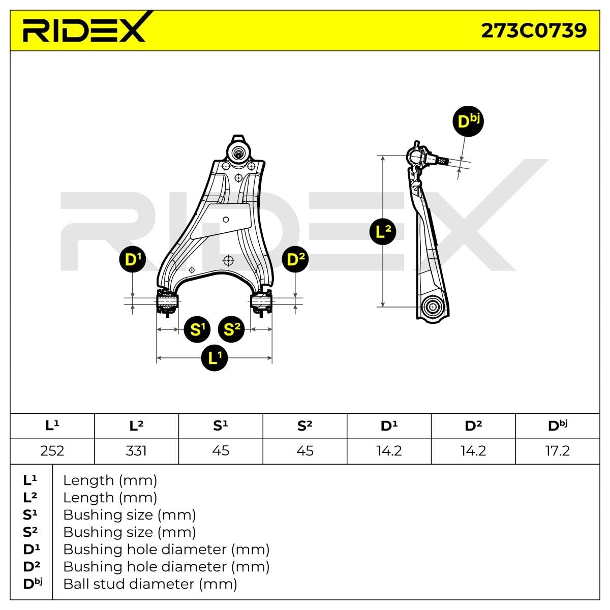 RIDEX 273C0739 Bras de suspension Gauche Avant Avant Gauche avec support en caoutchouc avec écrou Compatible avec DACIA DUSTER