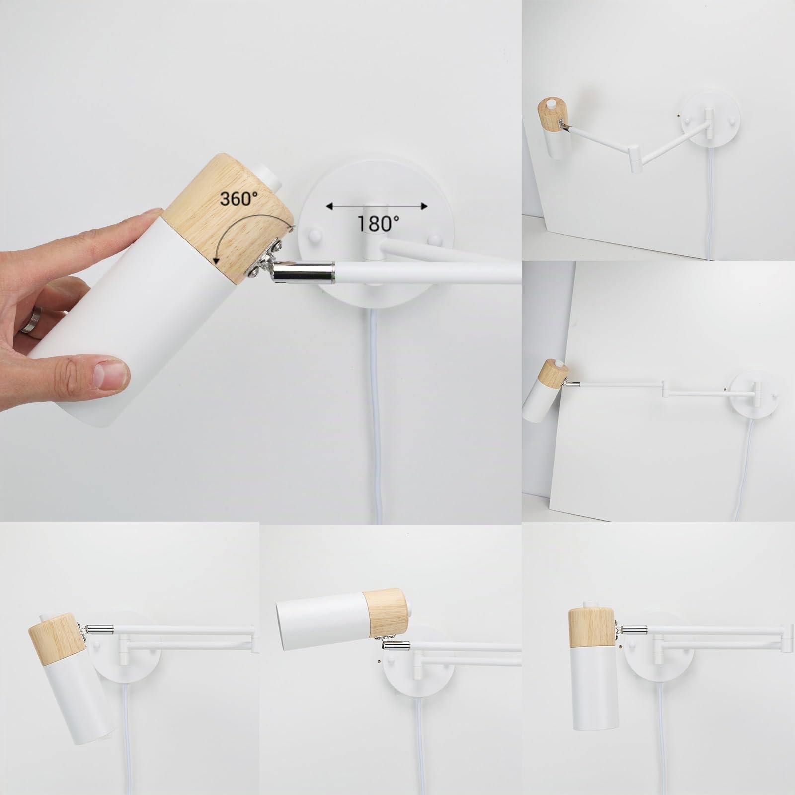 Alpinaluz Aplique de Pared con Madera Natural, Brazo Extensible, Foco E27 Blanco Orientable 360º, Cable con Enchufe e Interruptor, Diseño Nórdico Moderno