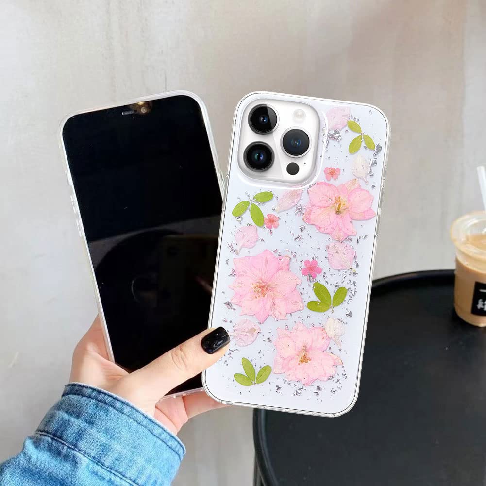 Abbery Custodia protettiva per iPhone 13, con fiori secchi, ultra sottile e trasparente, in morbido silicone, colore: bianco e viola