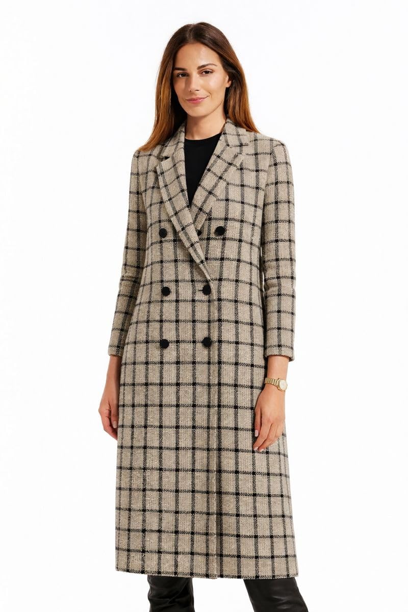 essentiele Women's Wool Blend Double Breasted Checkered Long Coat with Notched Collar and Side Pockets-picture-15
