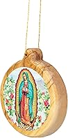 Vista 3 de Adornos de Navidad católicos – Nuestra Señora de Guadalupe icono redondo de madera de olivo de Tierra Santa – Adornos de Navidad pequeños de madera