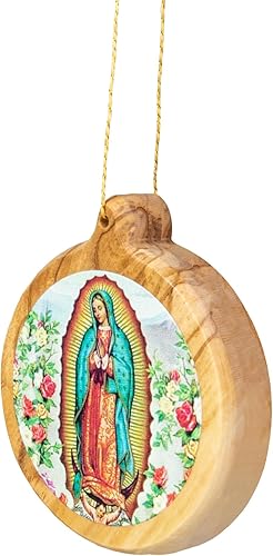 Miniatura 3 de Adornos de Navidad católicos Nuestra Señora de Guadalupe icono redondo de madera de olivo de Tierra Santa Adornos de Navidad pequeños de madera de