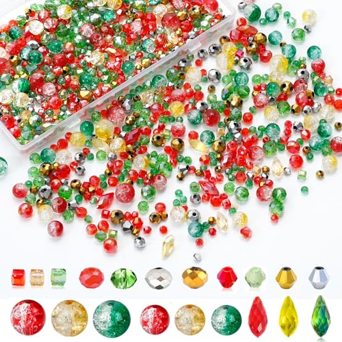 1000pcs Christmas Glass Beads for Jewelry Making Assorted Crystal Beads for DIY Crafts Bracelets Necklaces Earrings and Christmas Decorations Ornament KitsRed Green Gold