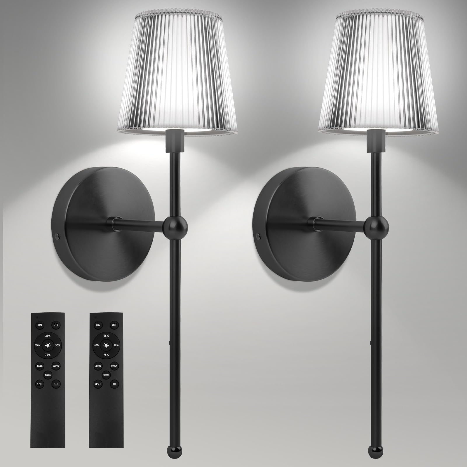 AUAUY 2PCS Battery Operated Wall Lights, 5000mAh Rechargeable Wall Sconce with Remote & Touch Control, 3 Light Temperatures, 4 Level Dimming, Indoor Sconce for Bedroom, Living Room, Hallway (Black)