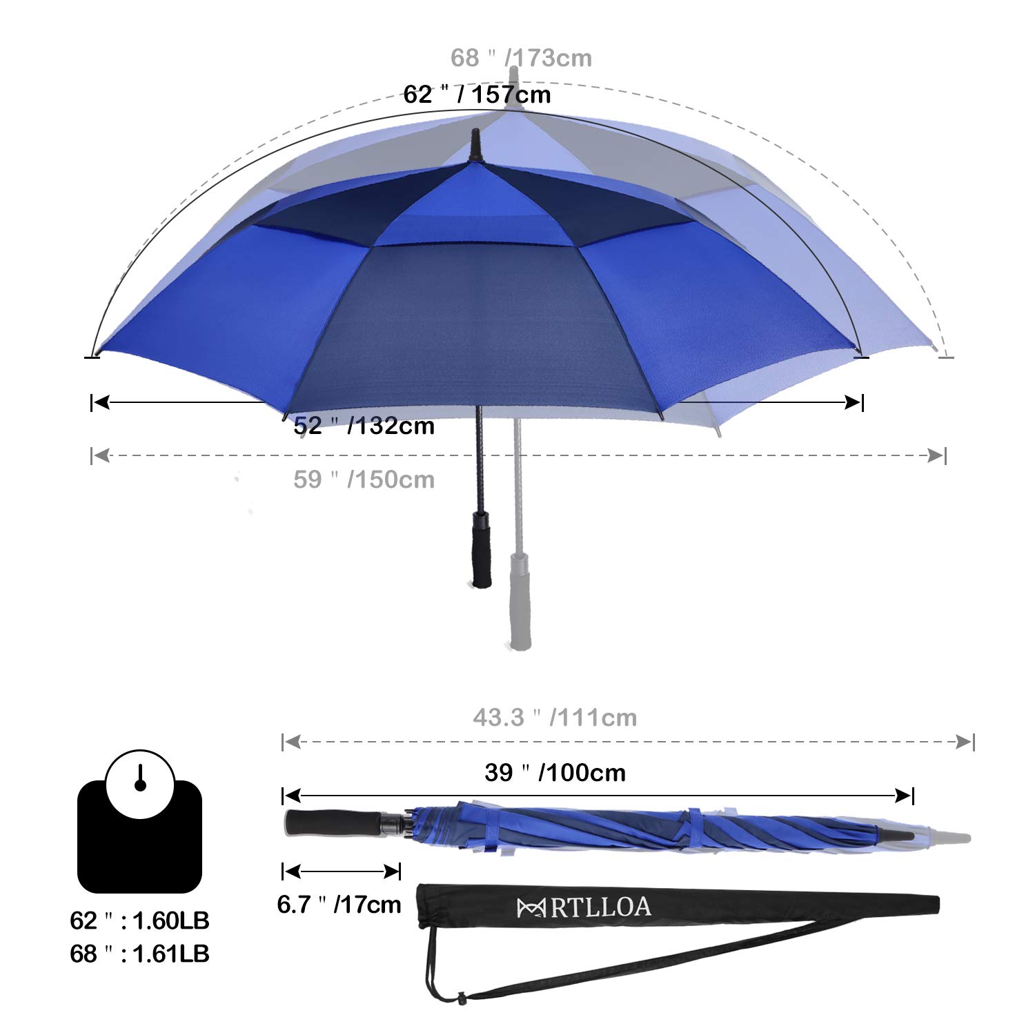 MRTLLOA Paraguas de golf, azul marino/real, 173 cm