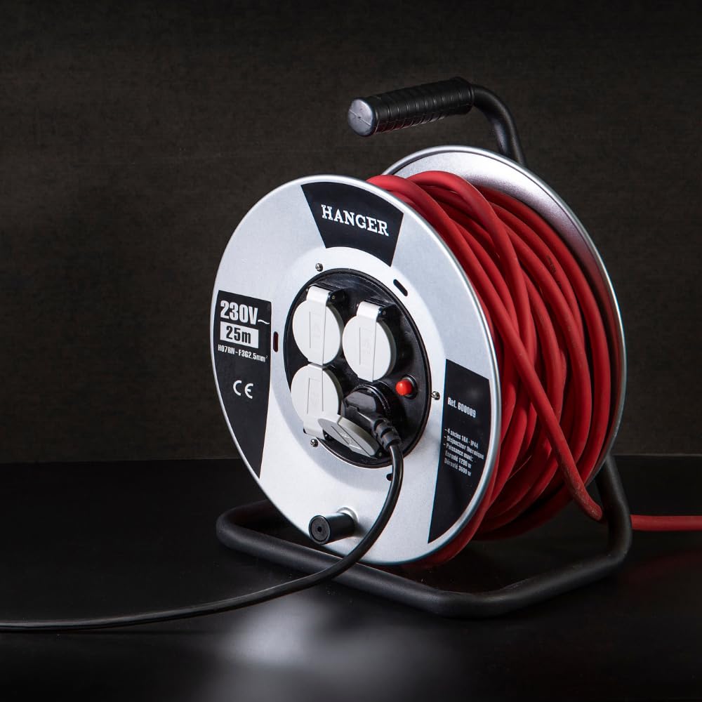 Enrouleur Électrique Flasque Acier 25 m H07RN-F 3G 2,5 mm² HANGER - Puissance et Sécurité Réunies