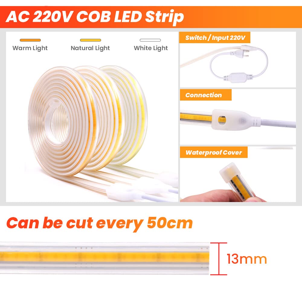 Tira LED COB 220V [50M,Blanco 6000-6500K], IP65 impermeable flexible, 360 LEDs/m Tira LED cortable CRI85+, iluminación para dormitorio, cocina, sala de estar y tiendas