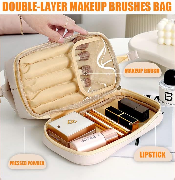 Miniatura 3 de Bolsa de maquillaje grande para mujer, bolsa de cosméticos de viaje de piel sintética, bolsa de brochas de maquillaje de doble capa, bolsa de