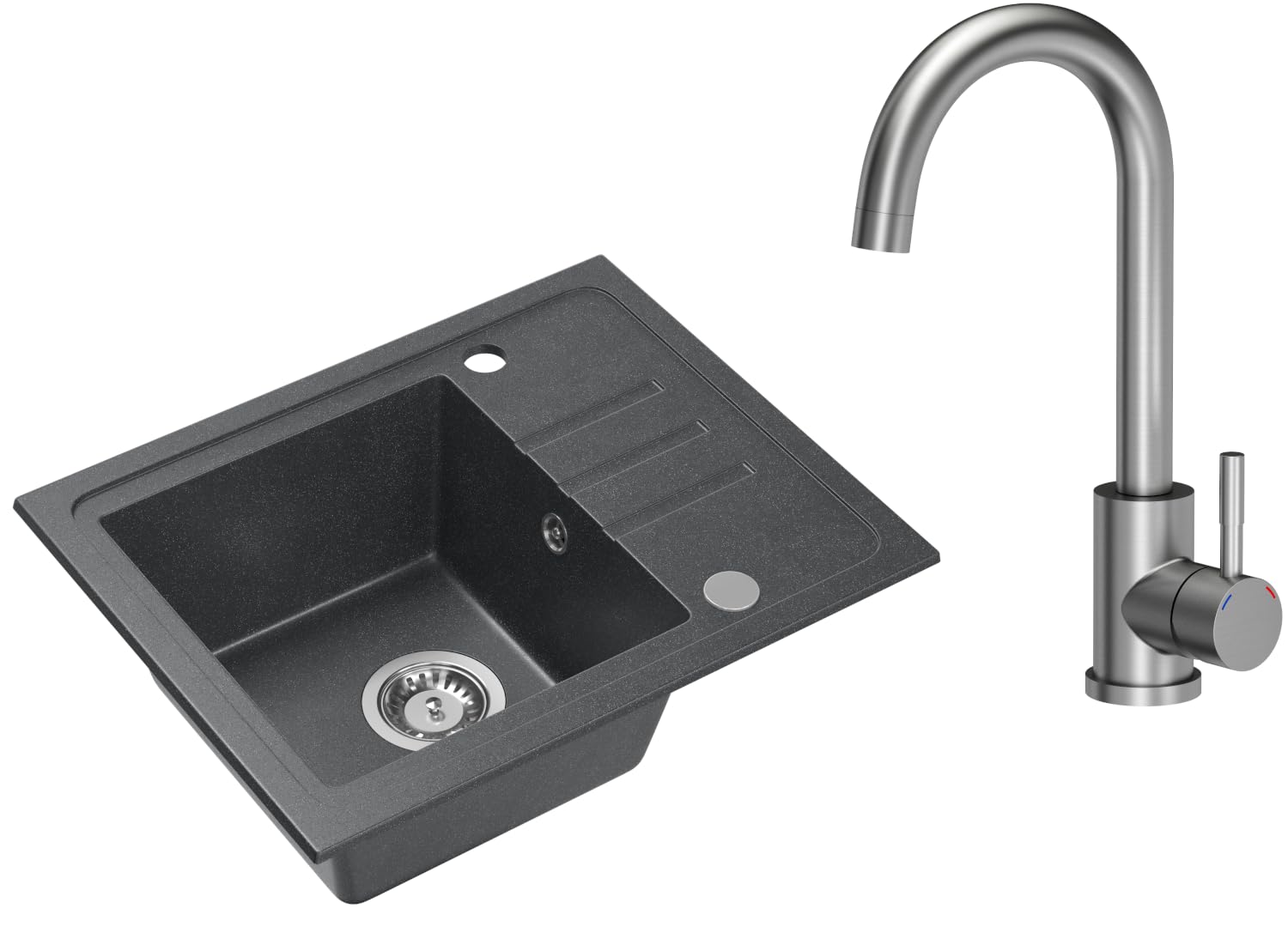 VBChome Fregadero de granito negro con grifo de acero inoxidable, 55 x 44 cm, fregadero individual, reversible, moteado, juego completo con sifón, perfecto para cocinas pequeñas