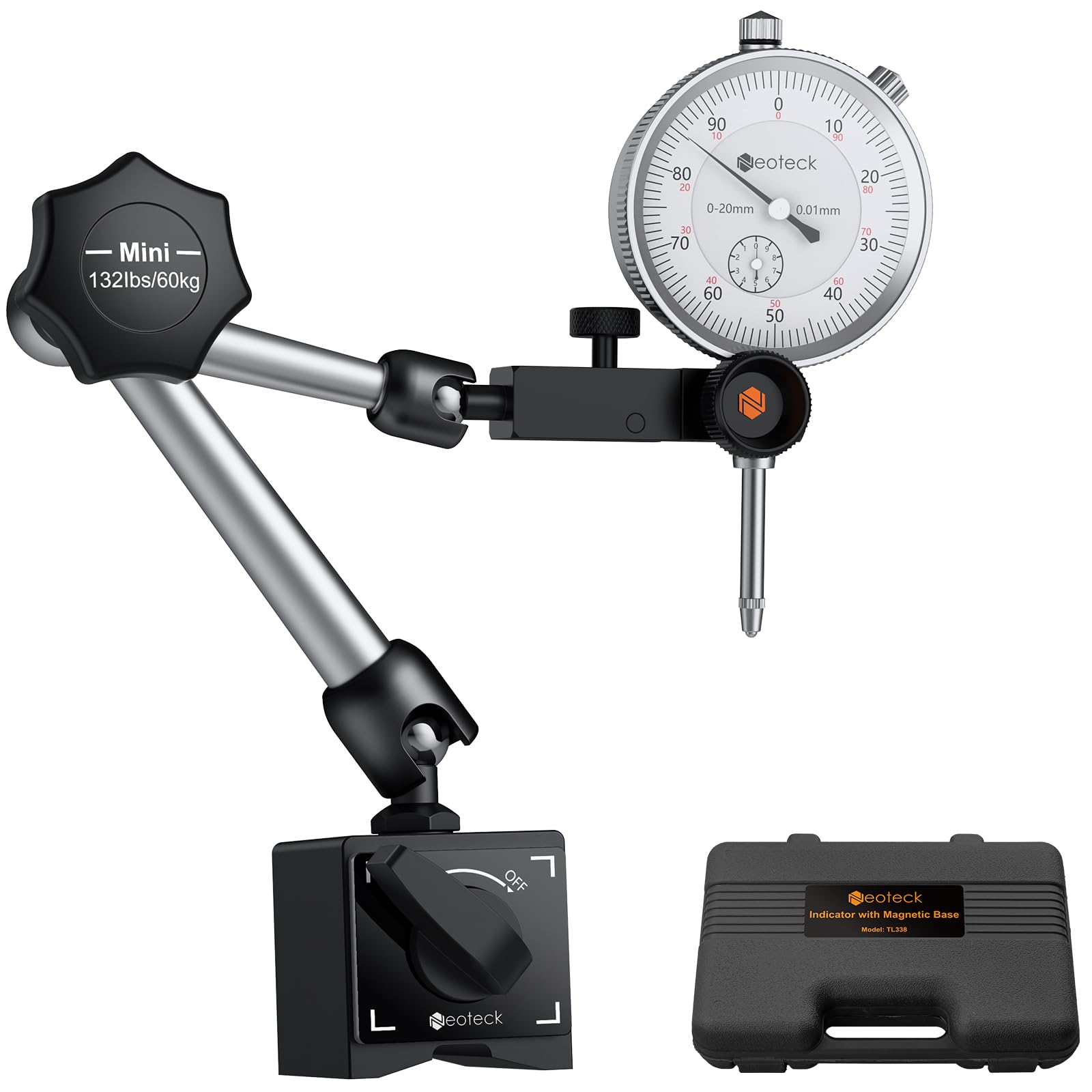 Neoteck Messuhr und Magnetstativ, Messtaster 0-20mm, Zentralklemmung Messuhrhalte 60 kg max. Zugkraft Basis Ständer für Messuhr